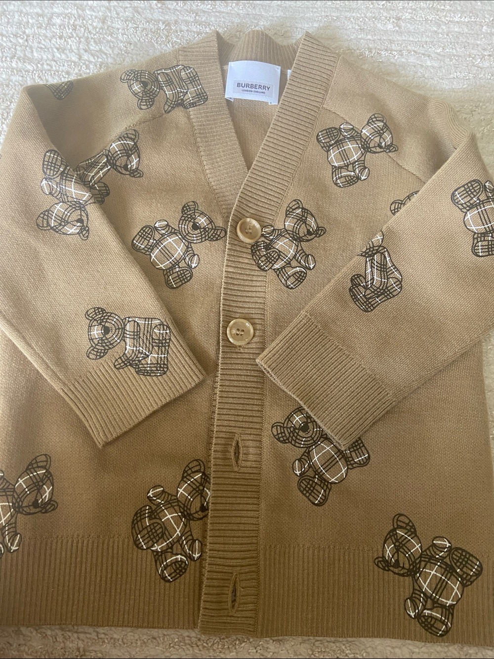 Burberry Tan Teddy-Print Button Cardigan